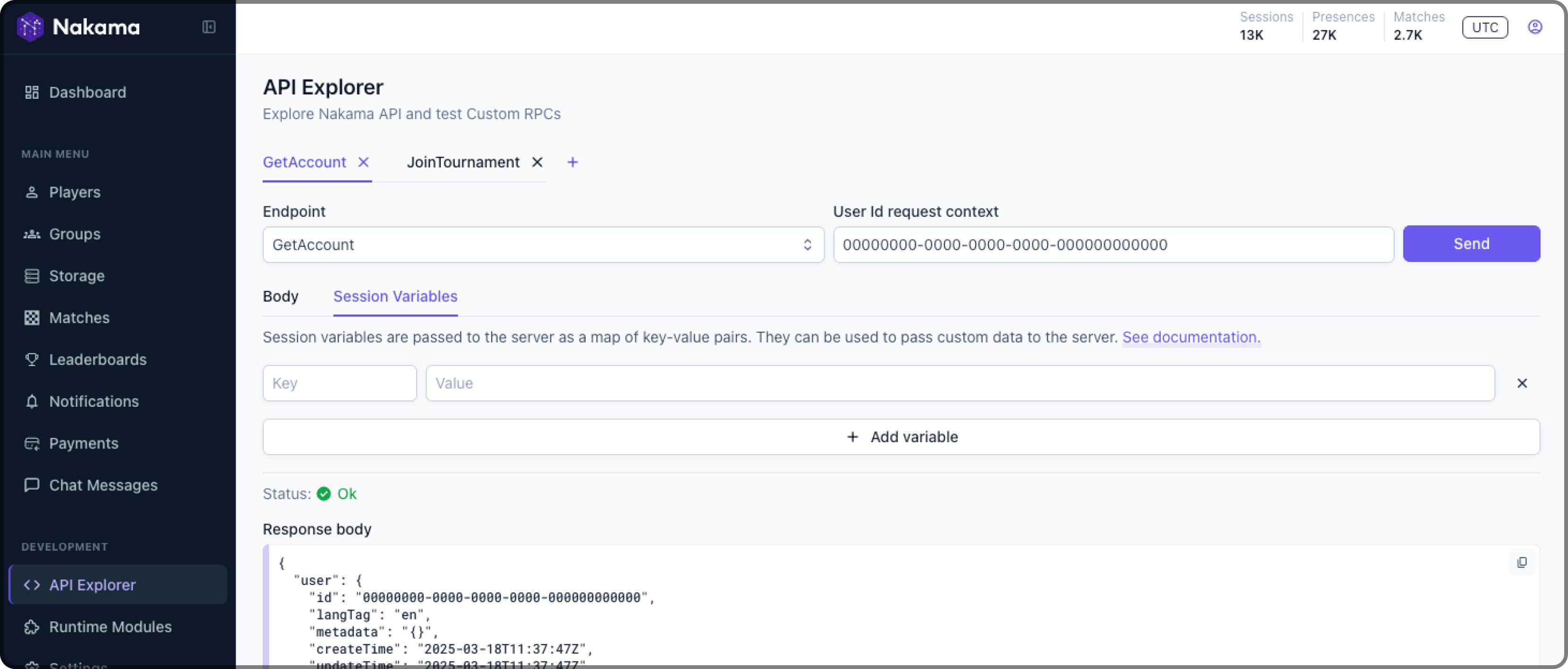 Nakama Console API explorer view