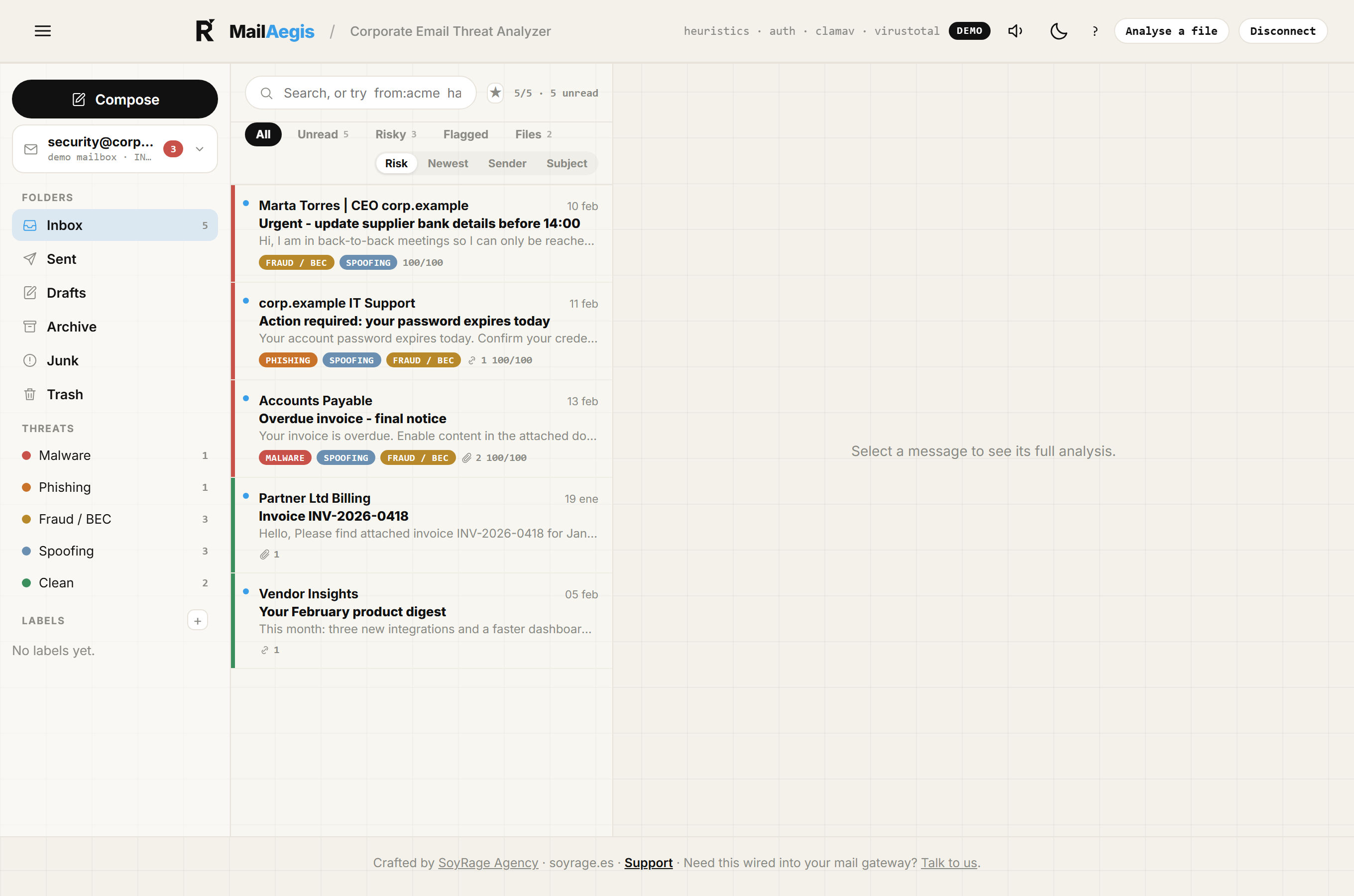 MailAegis open-source email security client: three-pane mail client showing folders, threat categories, labels and a phishing risk verdict on every message