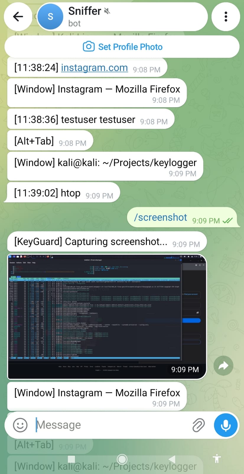 显示按键、窗口标题和缓冲文本的 Telegram 聊天