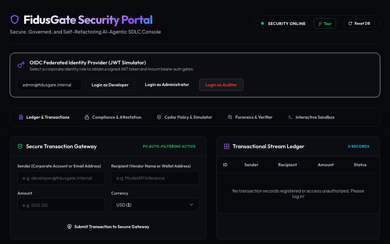 FidusGate admin console — ledger, compliance, Cedar simulator, and sandbox (synthetic demo data)