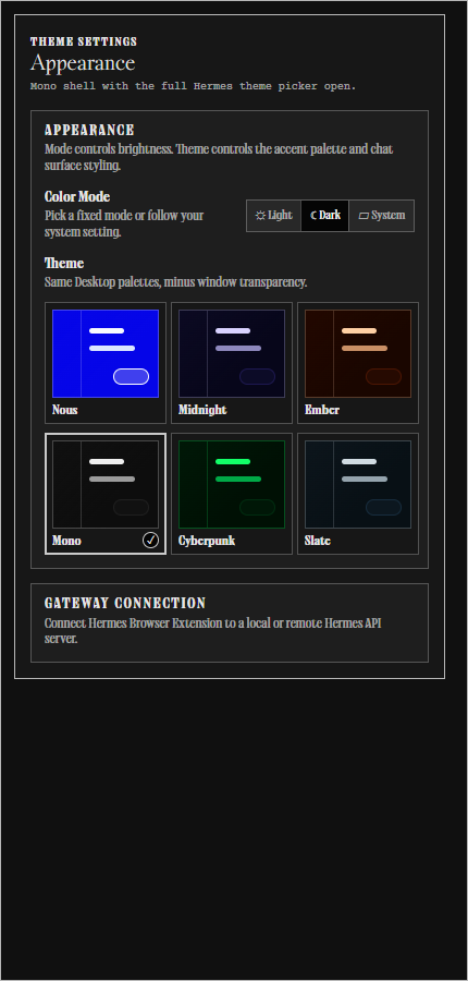 Hermes Browser Extension appearance settings with color mode and theme picker