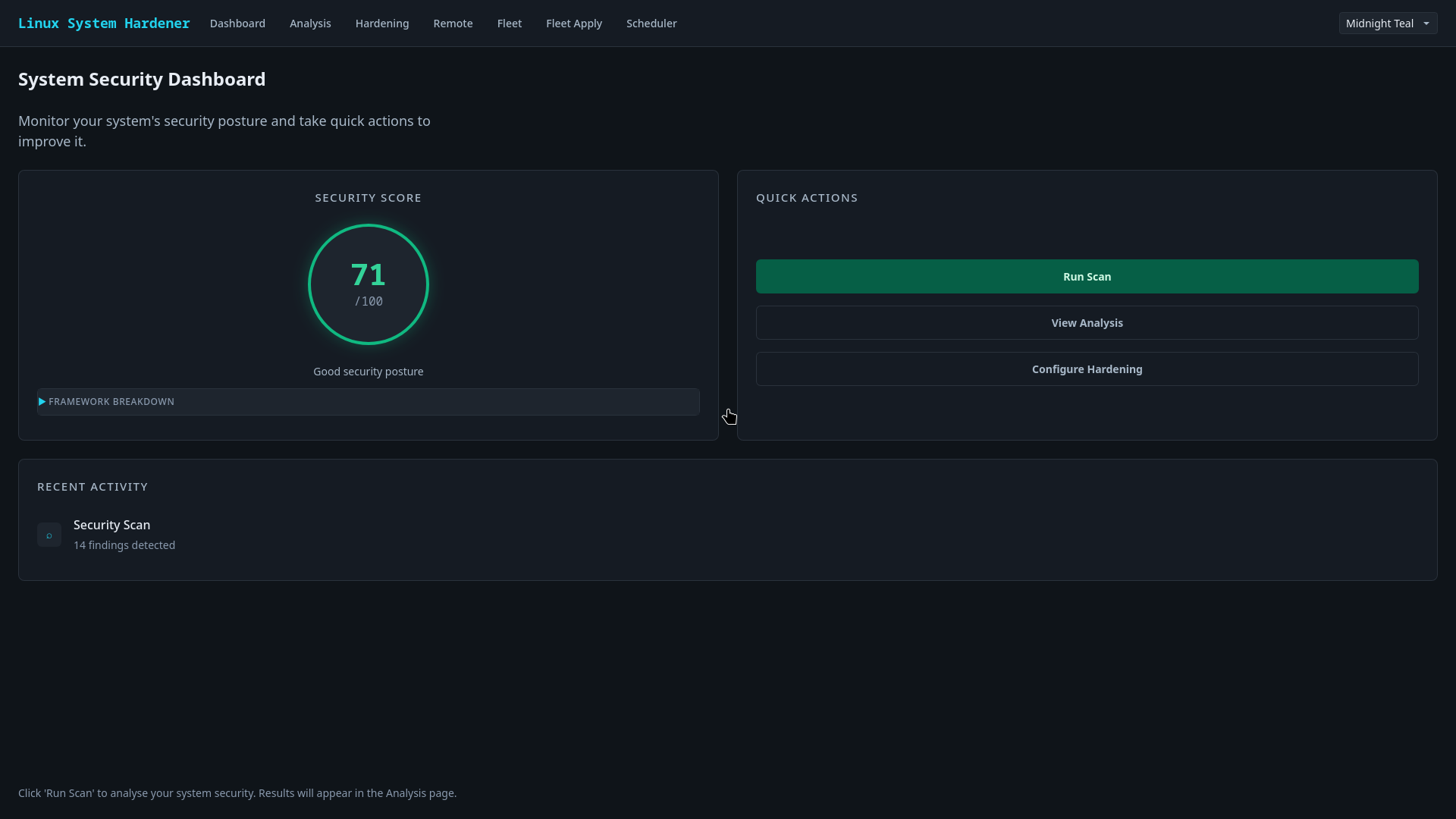 System Security Dashboard — security score and quick actions