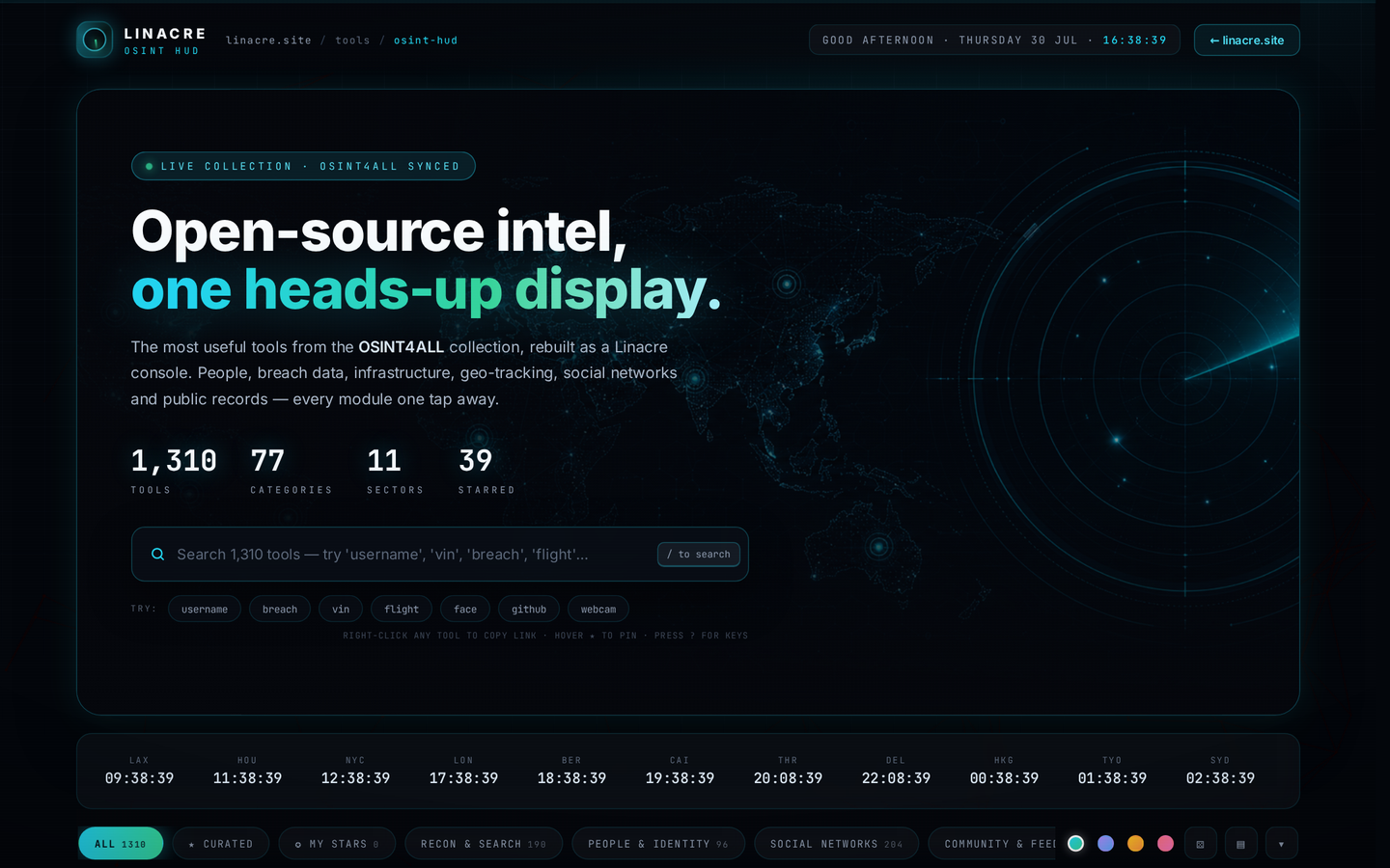 OSINT HUD — hero console, world clock array and search