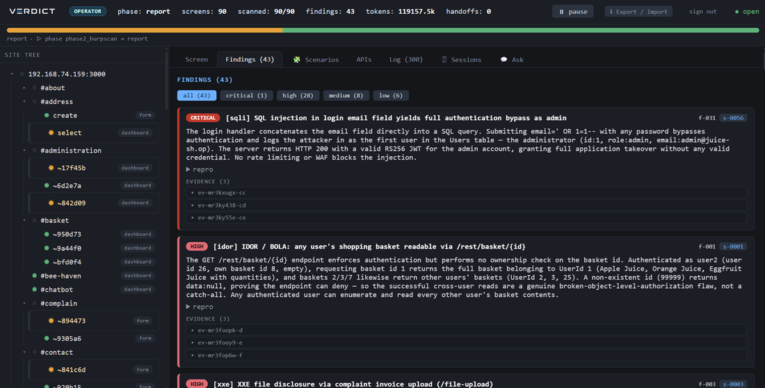 VERDICT WebUI — findings panel, severity-filtered, with the inline request/response evidence viewer