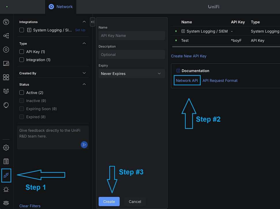 在 UniFi Network 应用程序中查找 Integrations 并创建新 API key 的位置