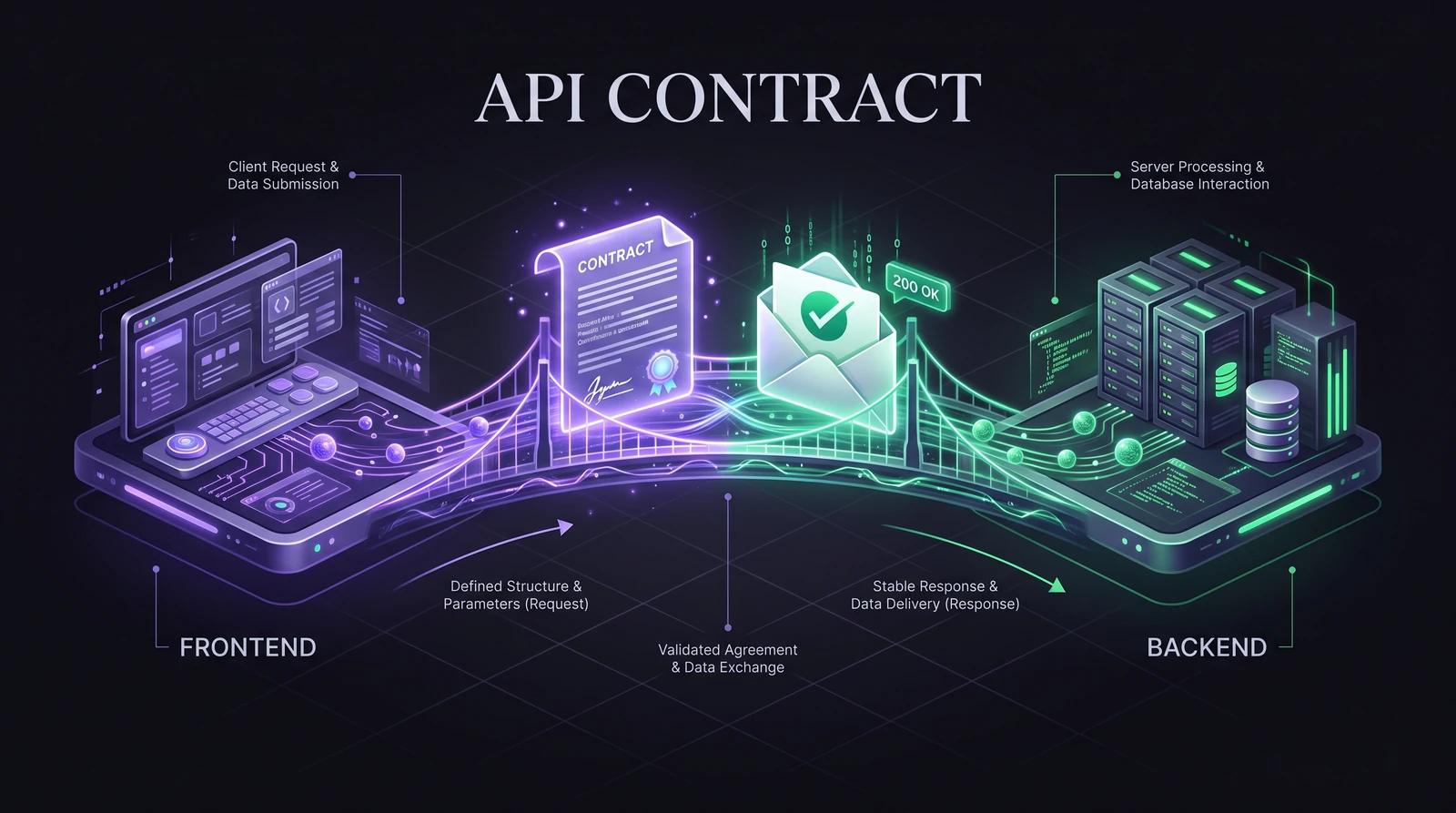 API contract bridging frontend and backend with a typed stable envelope