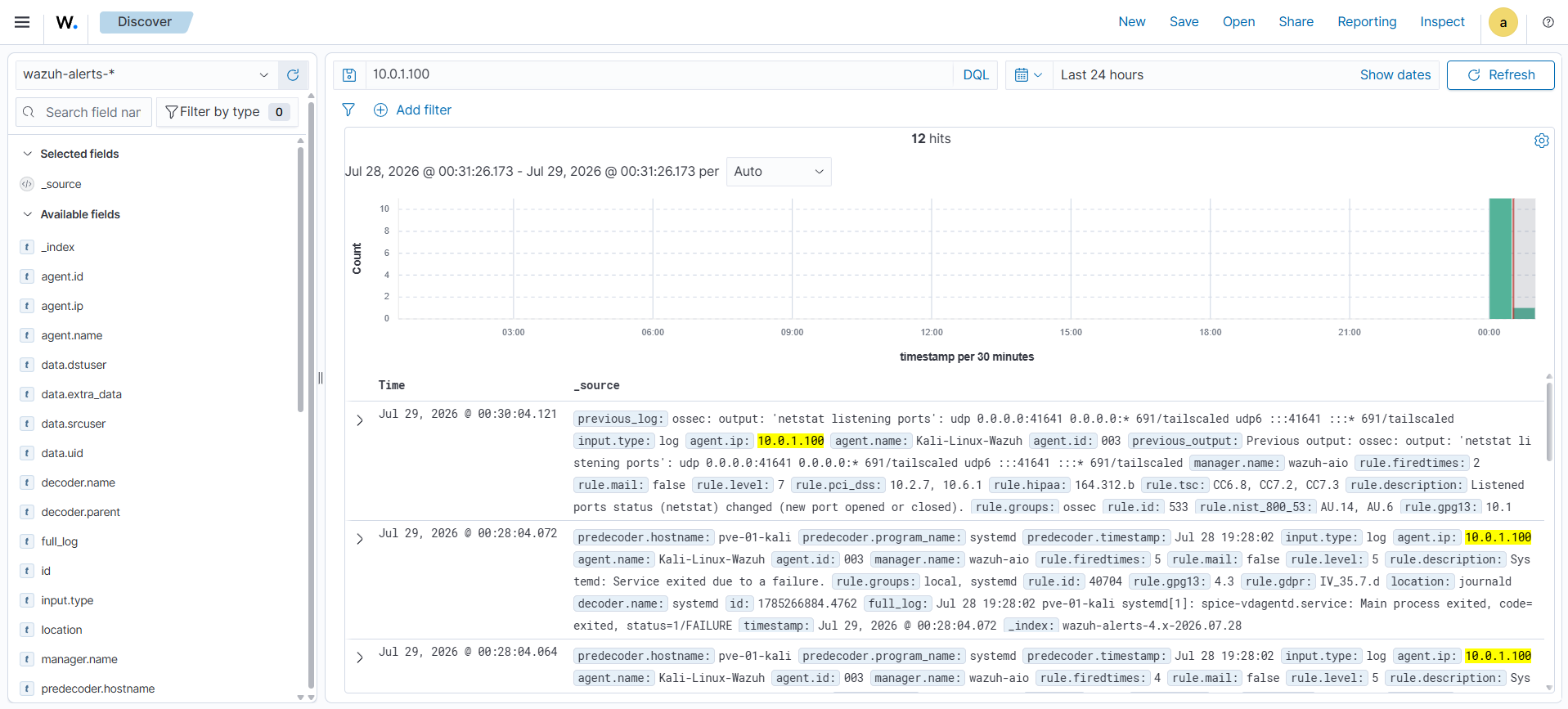 Wazuh Discover Filtered by 10.0.1.100
