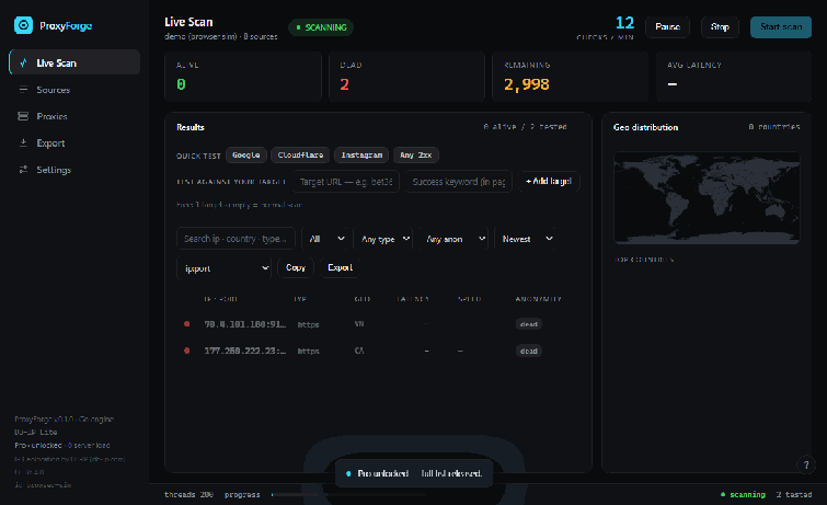 ProxyForge mid-scan: alive and dead proxy rows stream in while the world map lights up and the checks-per-minute counter climbs