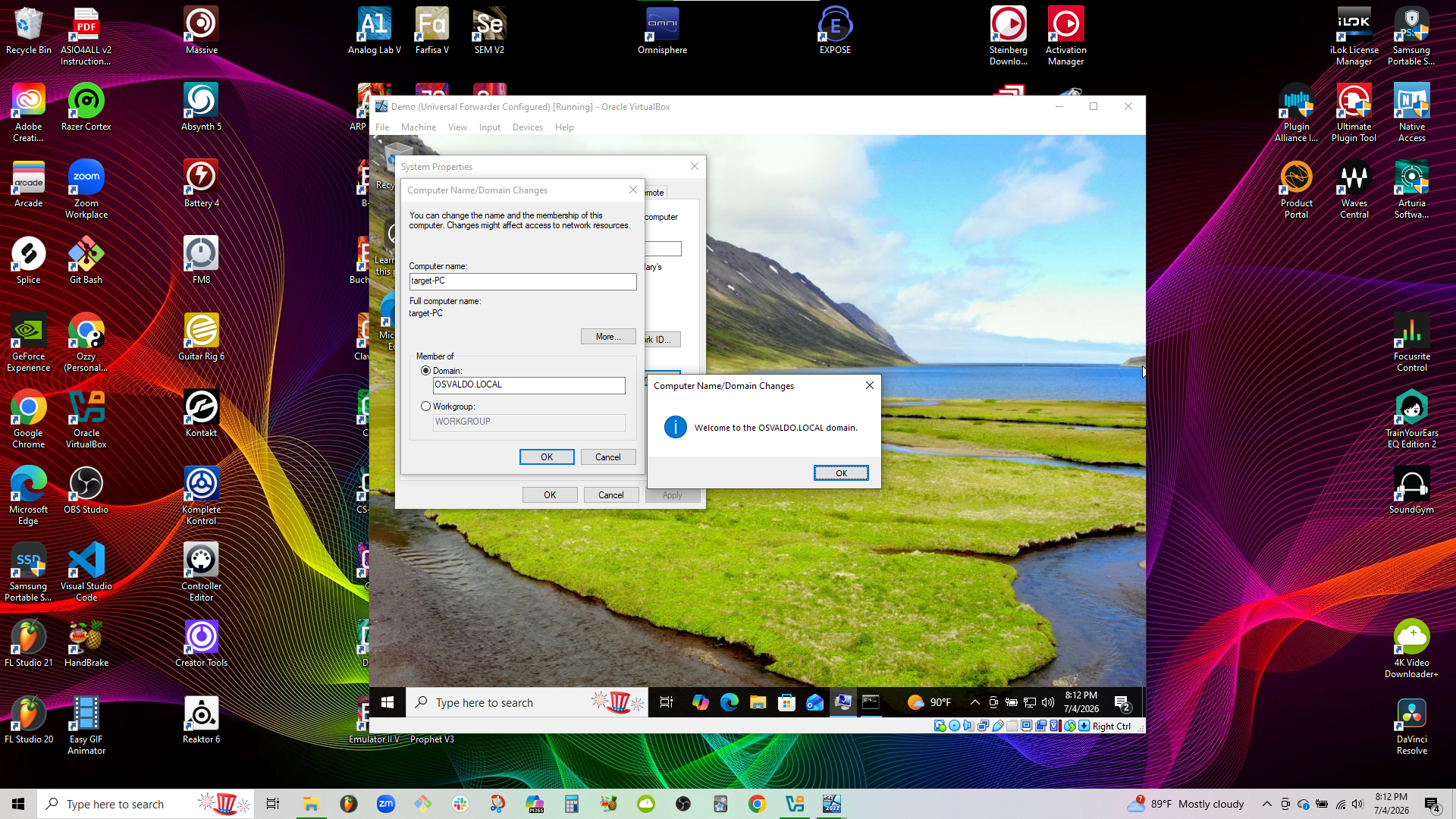 6  Windows 10 workstation successfully joined to the OSVALDO LOCAL Active Directory domain using Domain Administrator credentials, confirming secure communication and integration with the Domain Controller