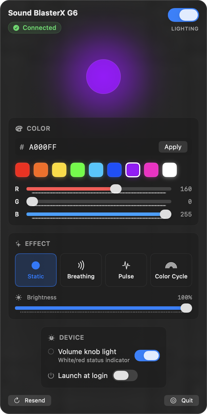 G6 Lighting menu-bar popover