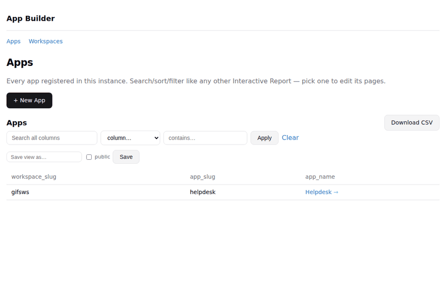 Creating a new app in the pgapp App Builder: name it, pick a workspace and theme, and it's instantly live at its own URL