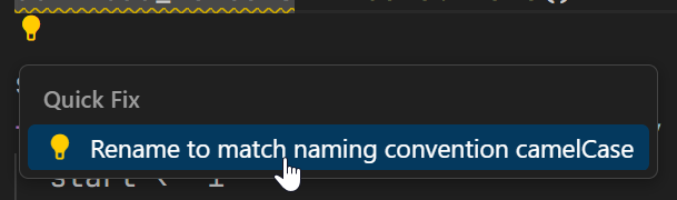 A screenshot of a quick fix suggestion for a naming convention mismatch