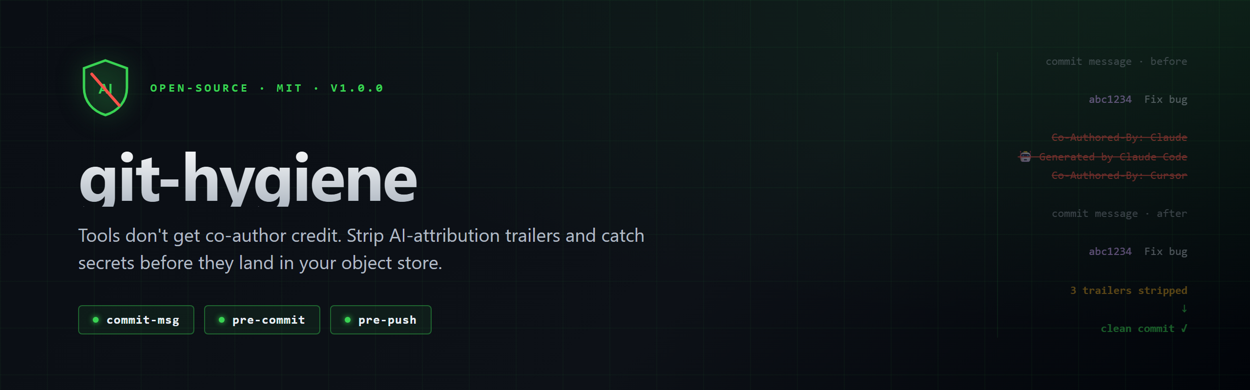 git-hygiene — Tools don't get co-author credit. Strip AI-attribution trailers and catch secrets before they land in your object store.