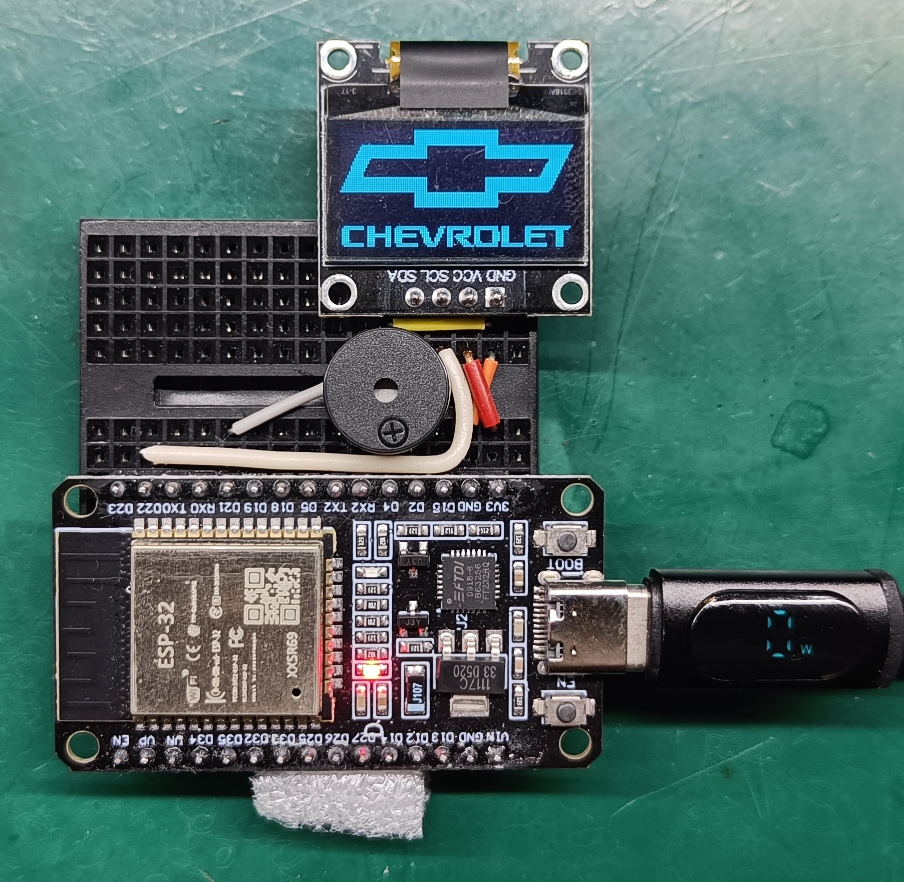 Assembled prototype: ESP32, OLED and buzzer