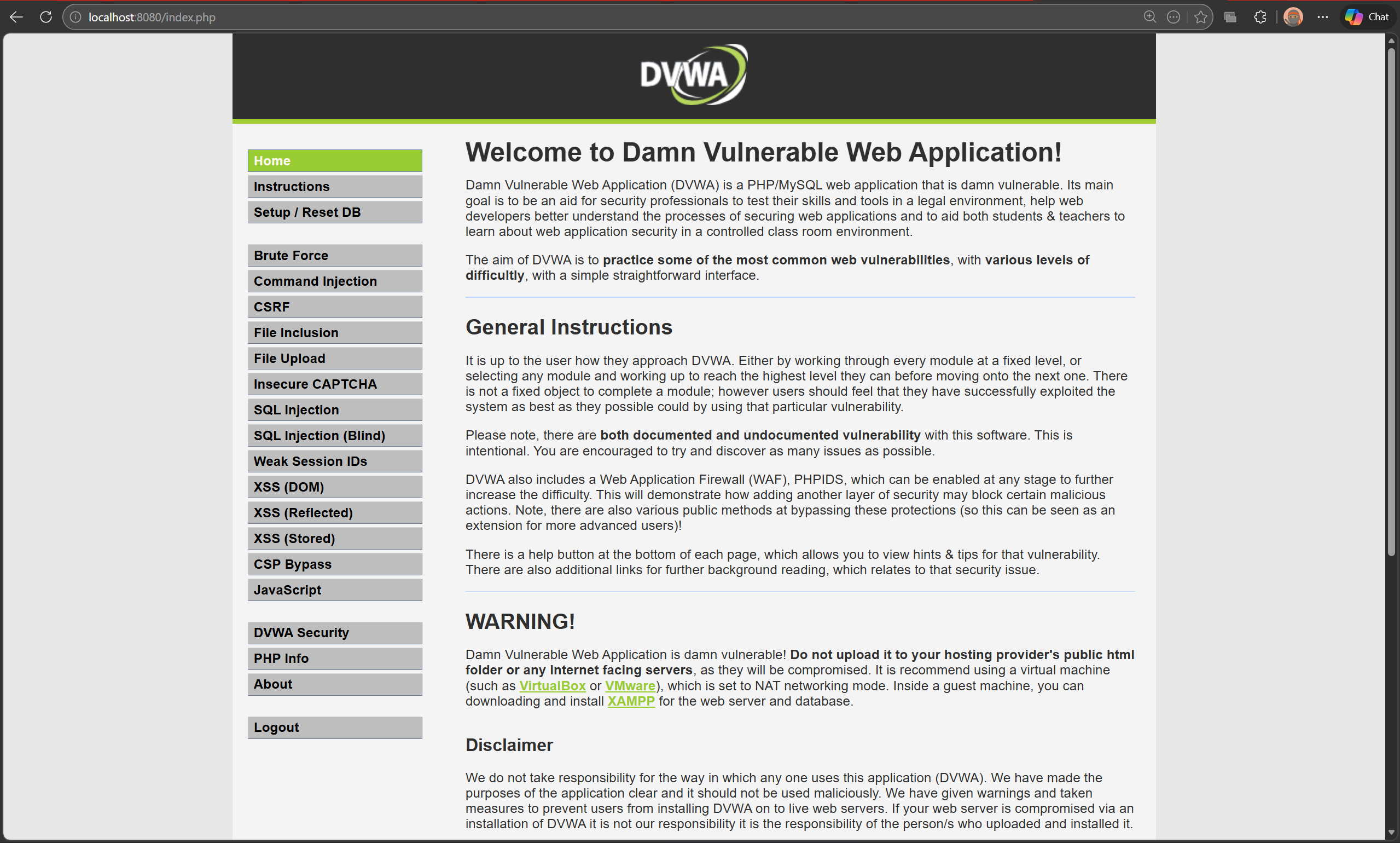 dvwa dashboard