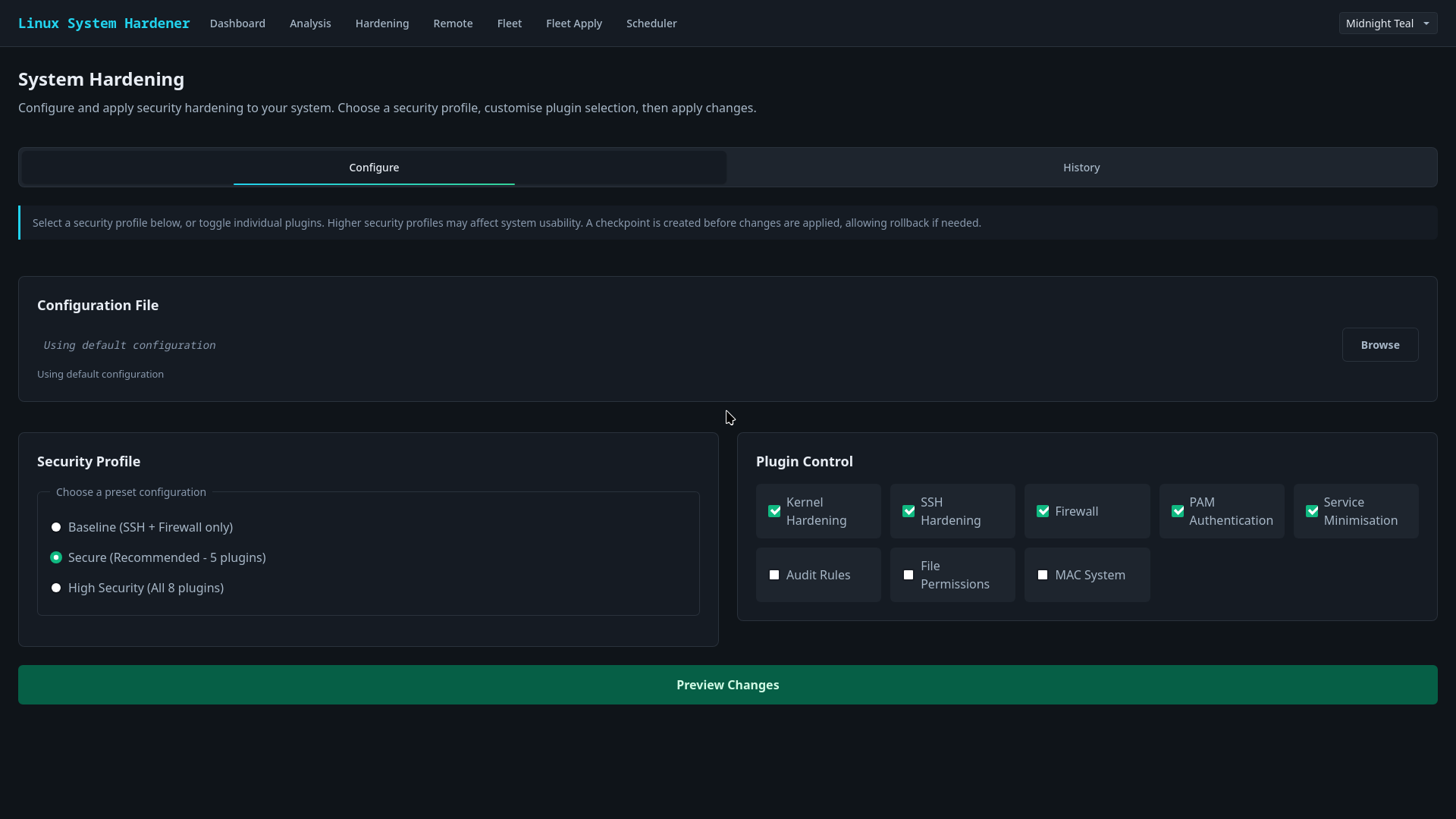 System Hardening — security profiles and per-plugin control