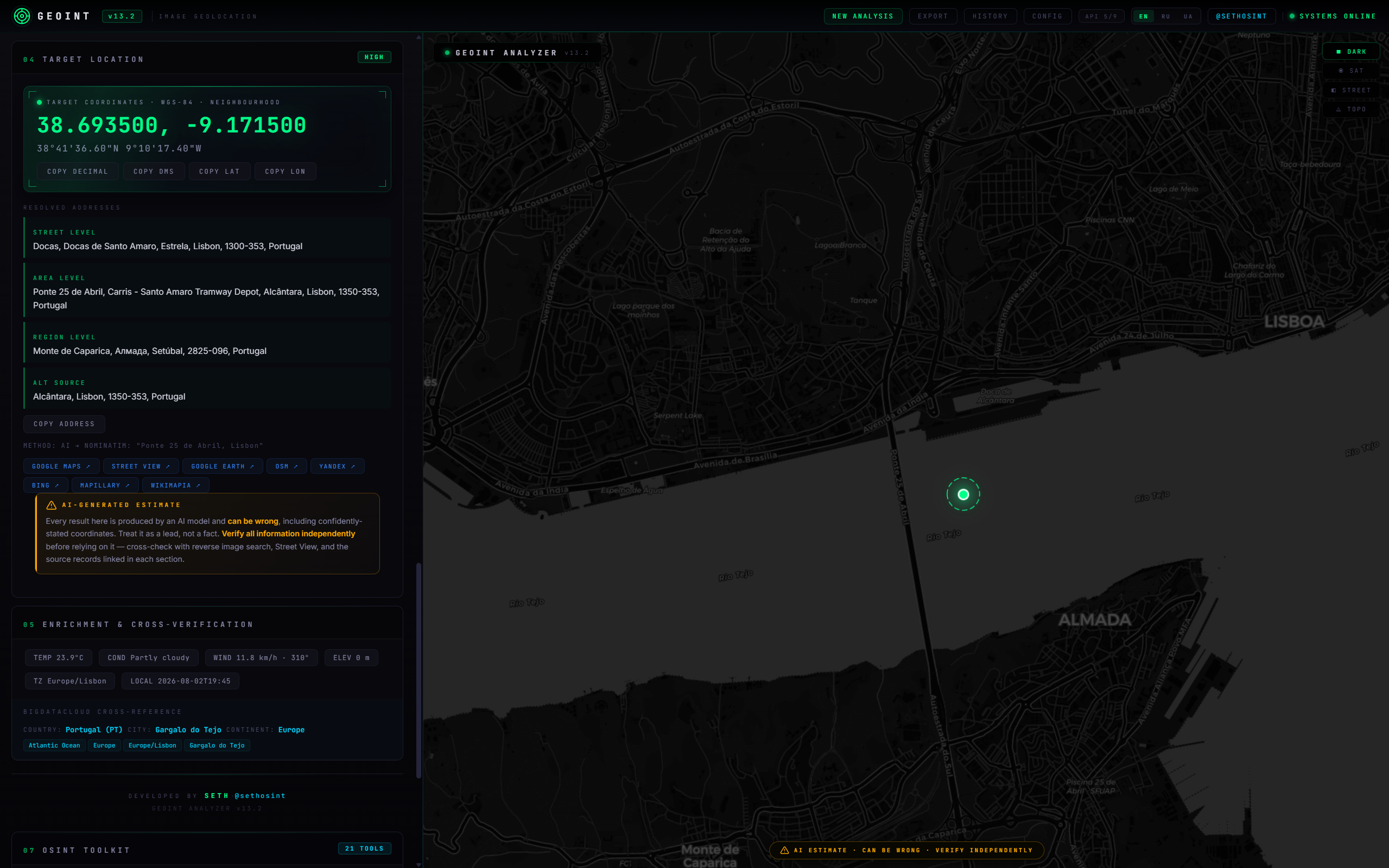 GEOINT Analyzer — a resolved target with coordinates and supporting evidence