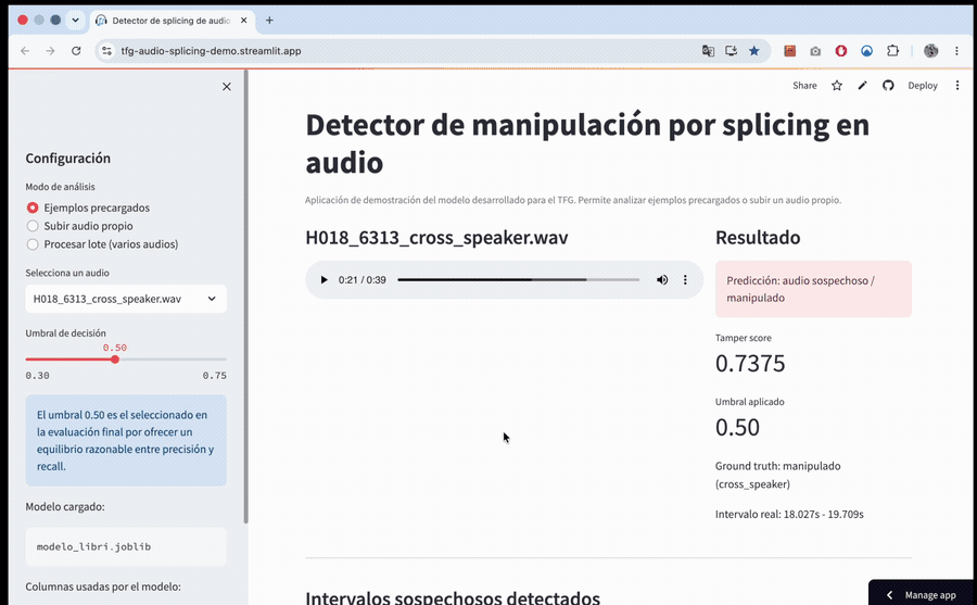 Demostración: análisis de un audio manipulado, curva de sospecha y localización del empalme