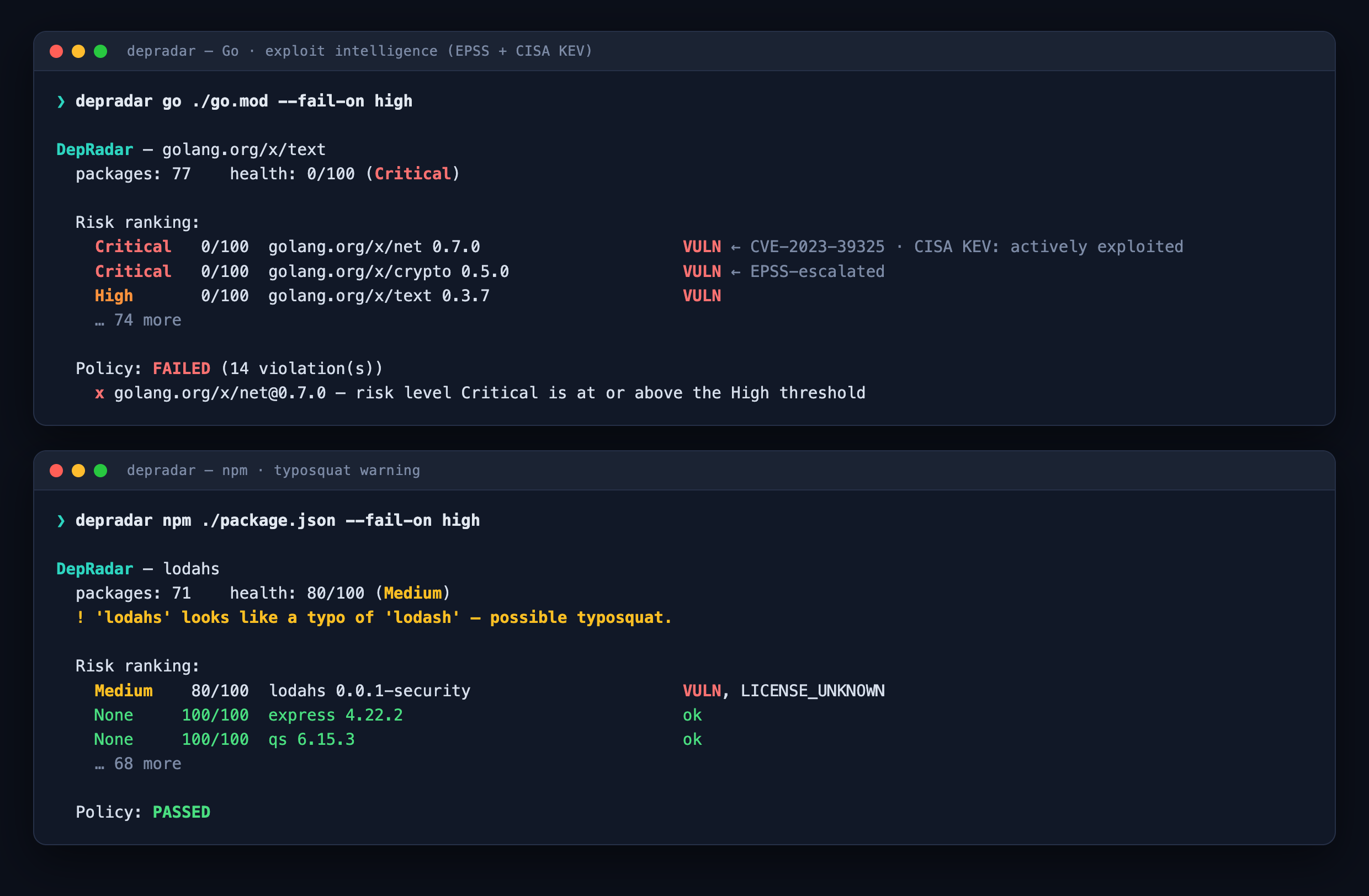 DepRadar CLI: Go scan with CISA-KEV-escalated Criticals, and an npm scan flagging a typosquat