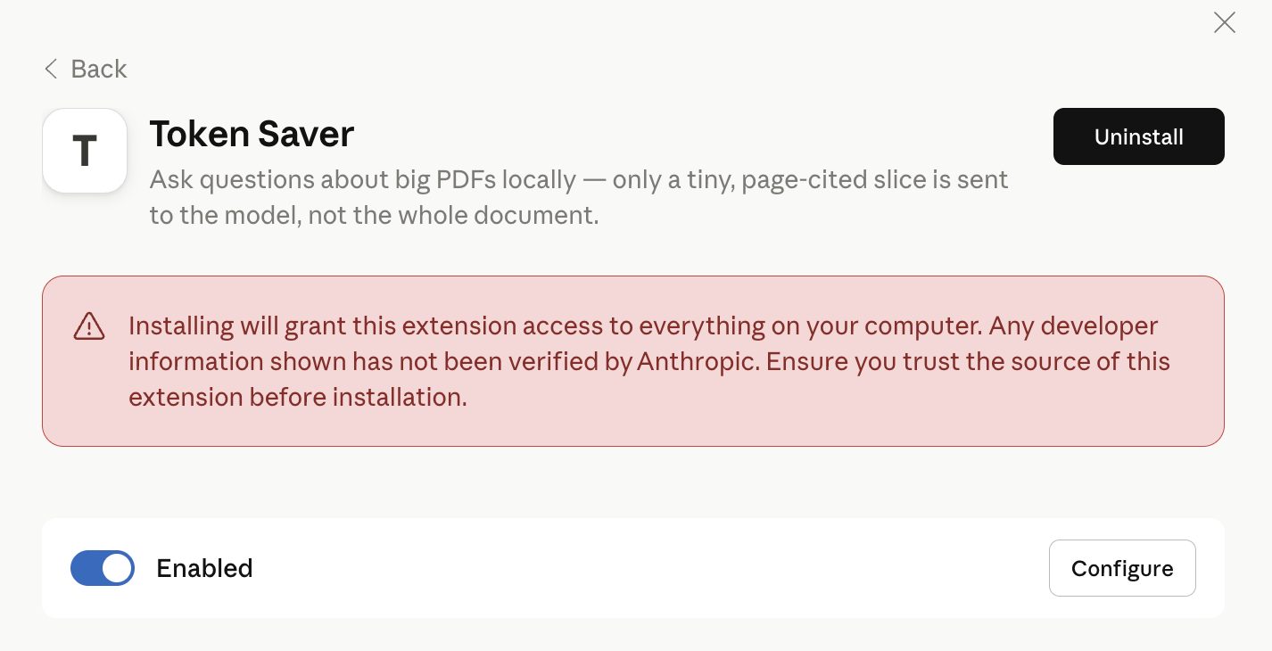 The extension page: a red "not verified by Anthropic" warning above the Enabled toggle and Configure button