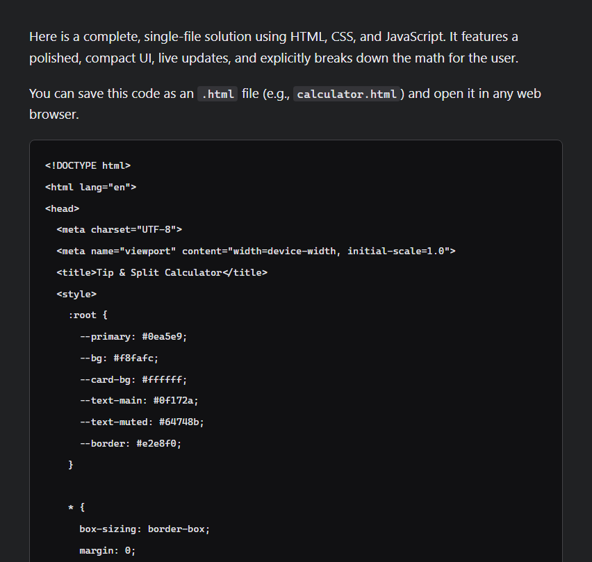 A Markdown-only response containing a complete tip calculator implementation