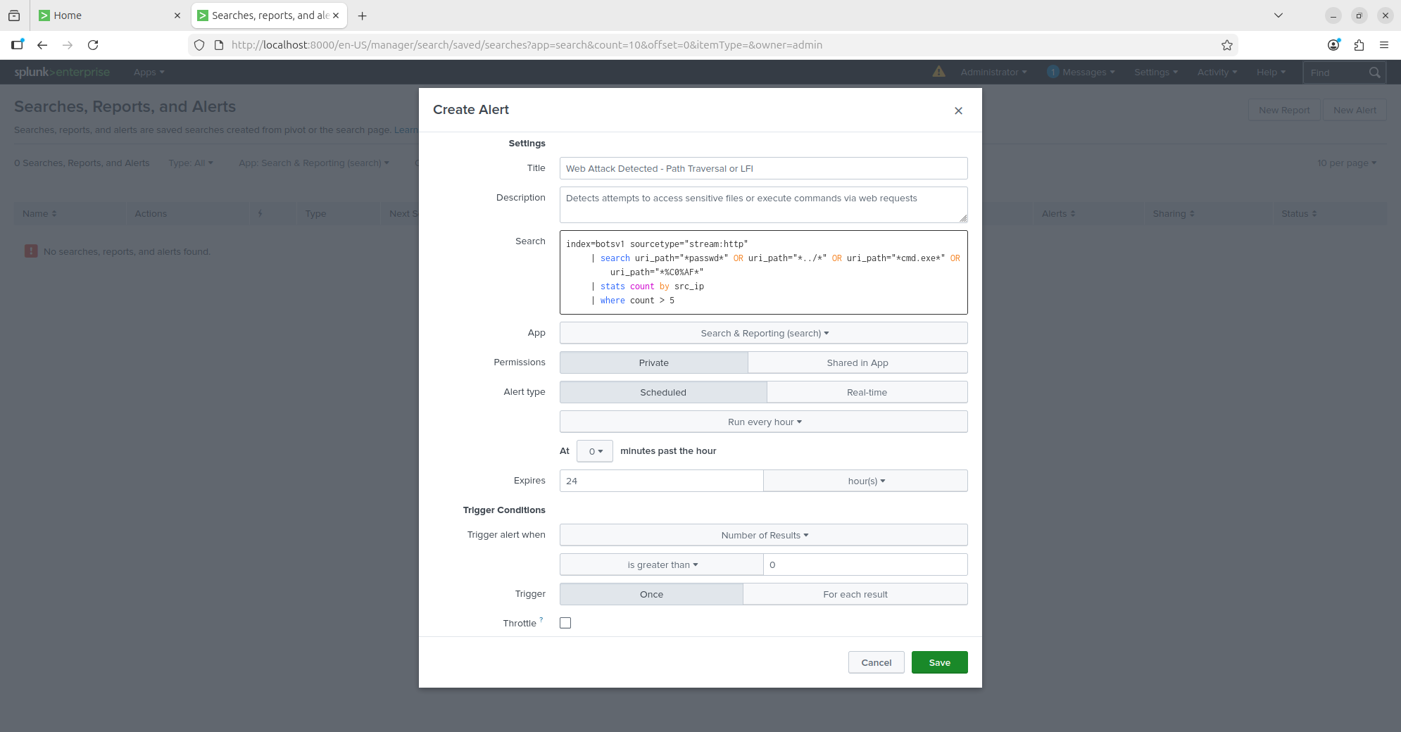 Splunk alert configuration for web attack detection