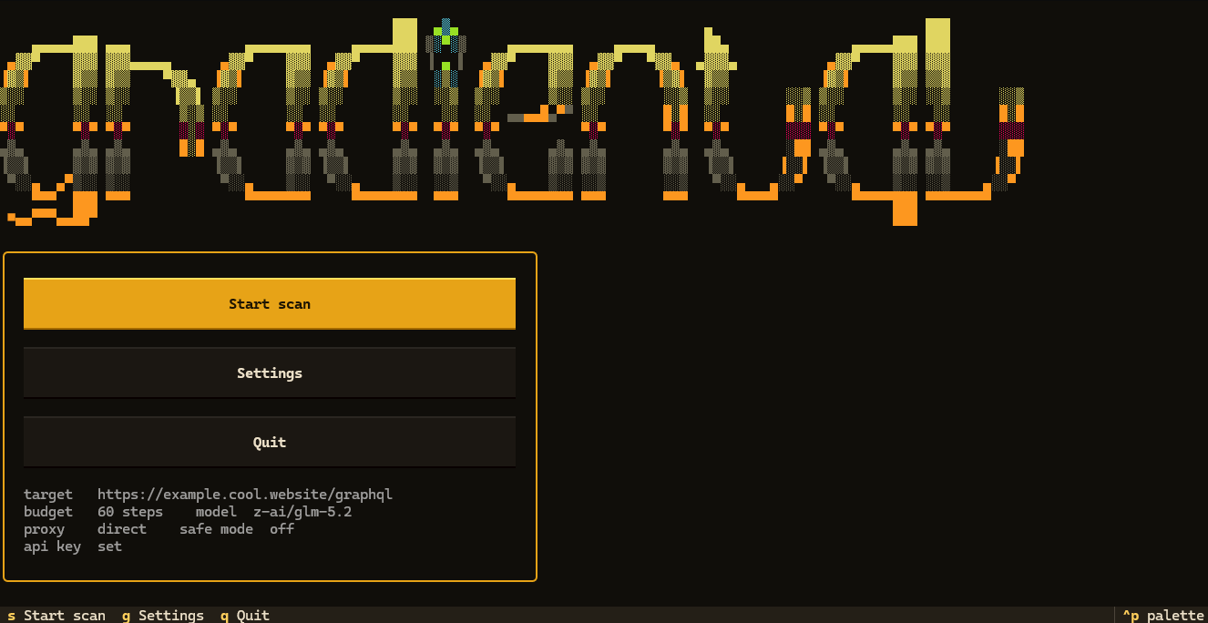 GradientQL menu screen with target, budget, model, and key status