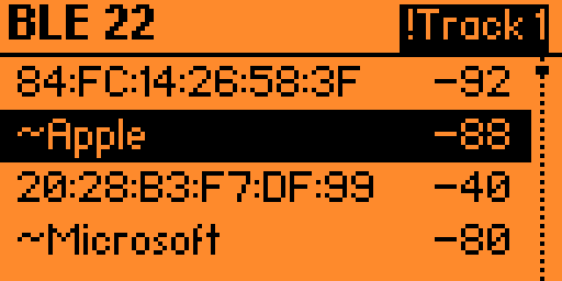 BLE scan — devices with vendor names and a tracker alert chip