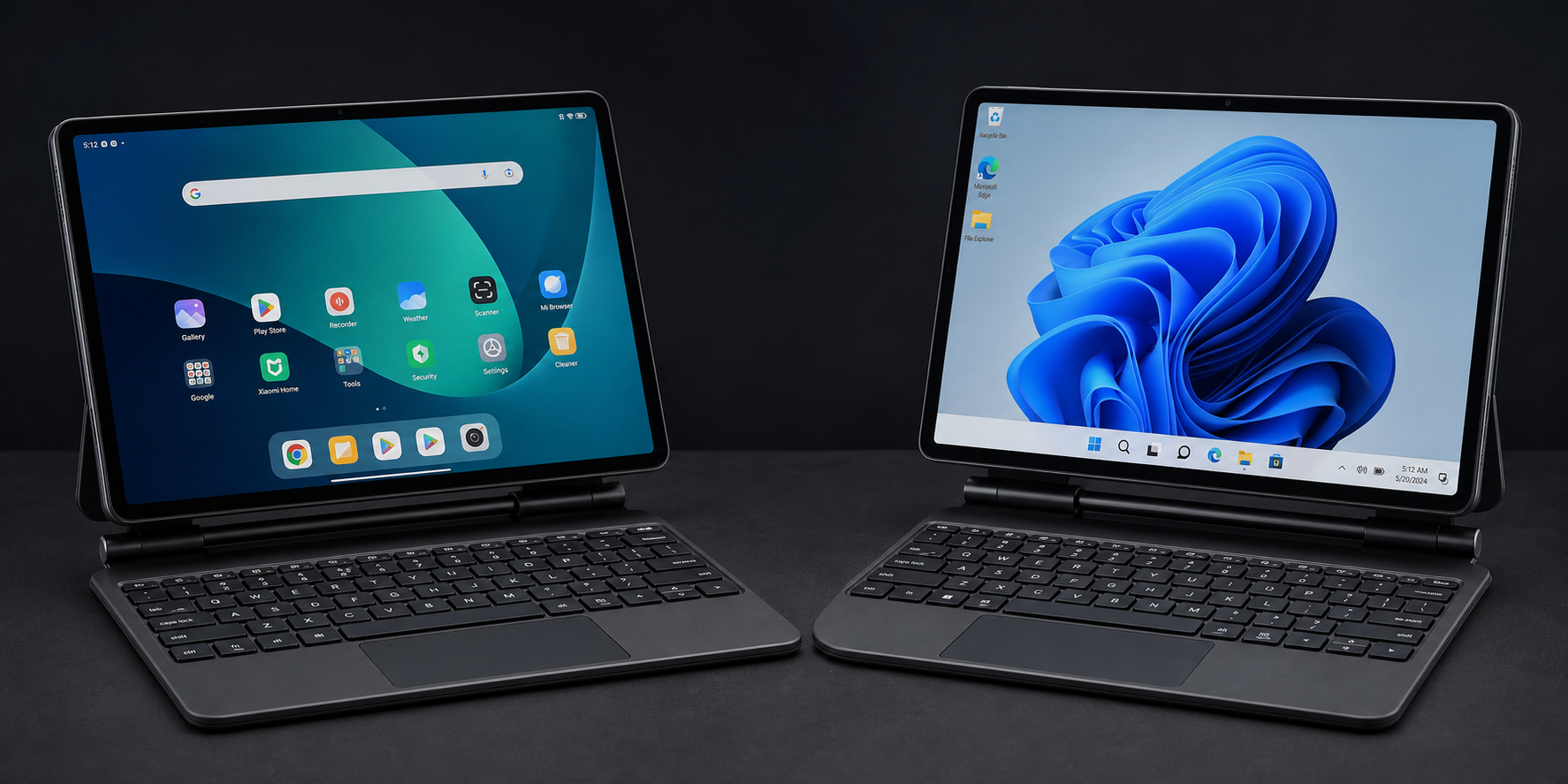 Two matching Xiaomi Pad 5 tablet and keyboard setups, one running Android and one running Windows 11
