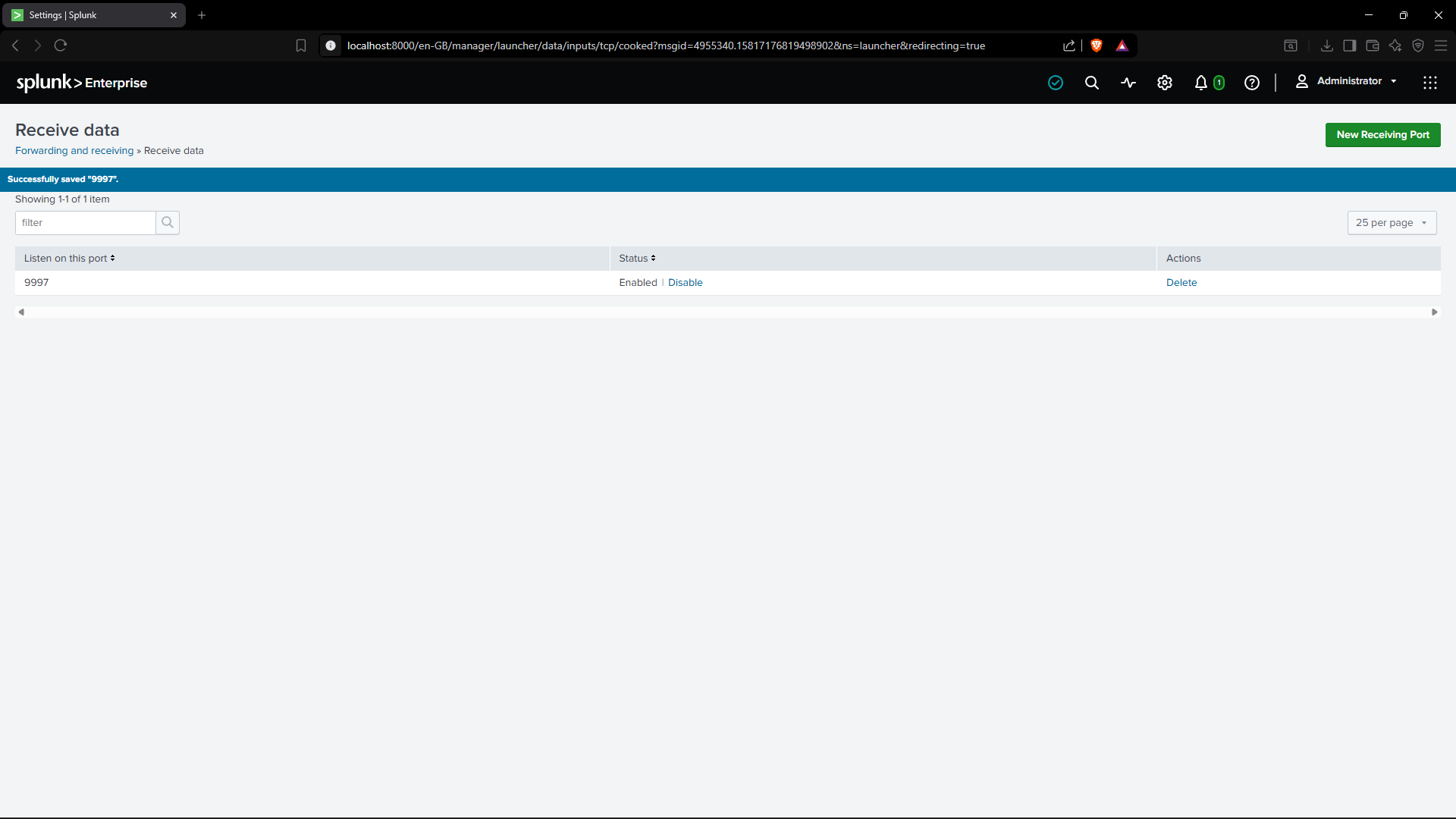Splunk Receiving Port 9997 Enabled