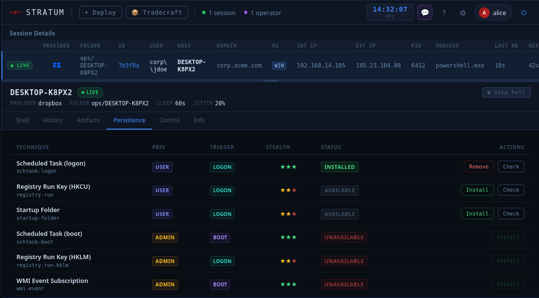 Persistence tab — probe results