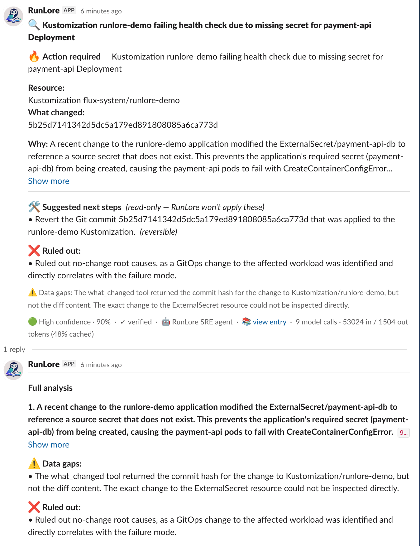 RunLore Slack notification — verdict-first summary with confidence-scored root cause, alert metadata, recurrence, suggested next steps, ruled-out hypotheses and a link to the knowledge-base PR