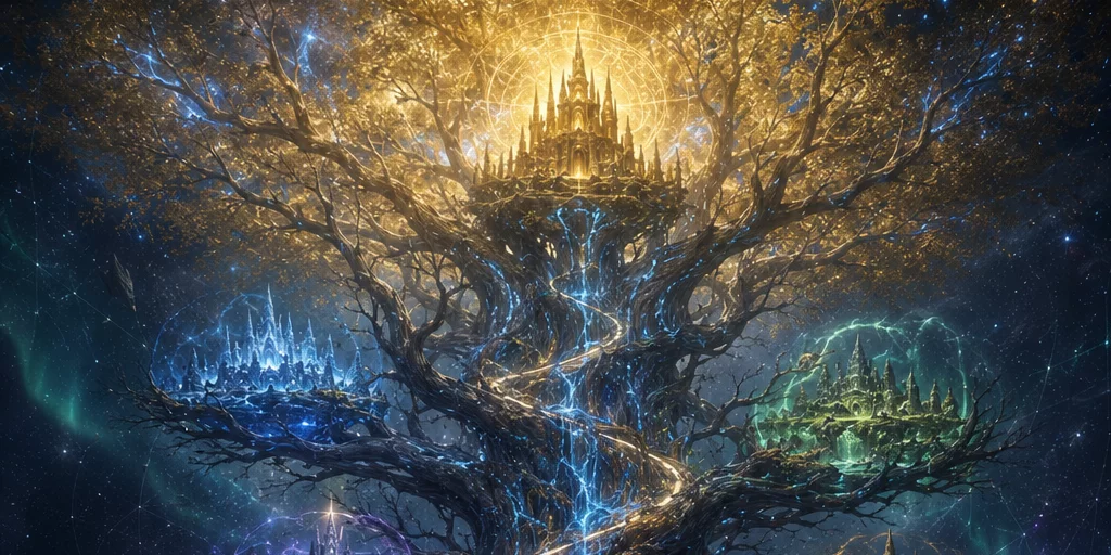 Yggdrasil - the World Tree rendered as a living network: realm-cities embedded in the branches, luminous data-sap flowing up the trunk, and the golden citadel of Asgard crowning the canopy