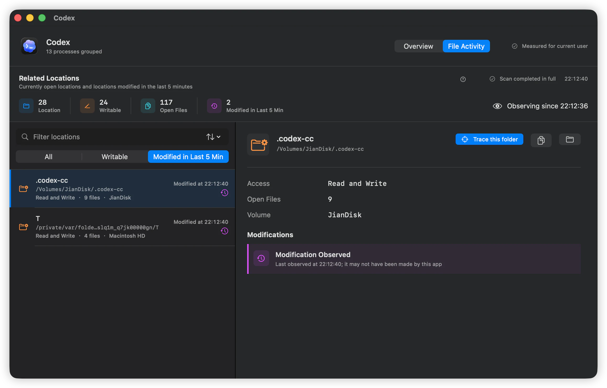 Codex File Activity view showing related locations, writable folders, and recent changes.