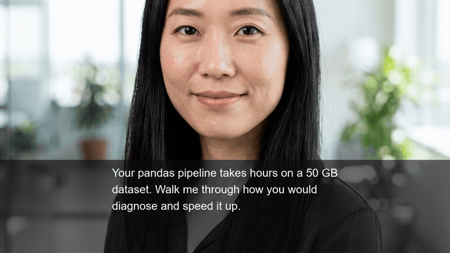 Live mock interview in English — the interviewer asks a Data-Scientist question aloud; you can talk over it (barge-in) and it stops to listen