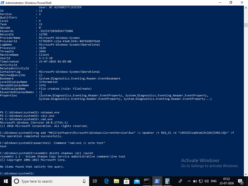 Registry Run key and vssadmin delete shadows
