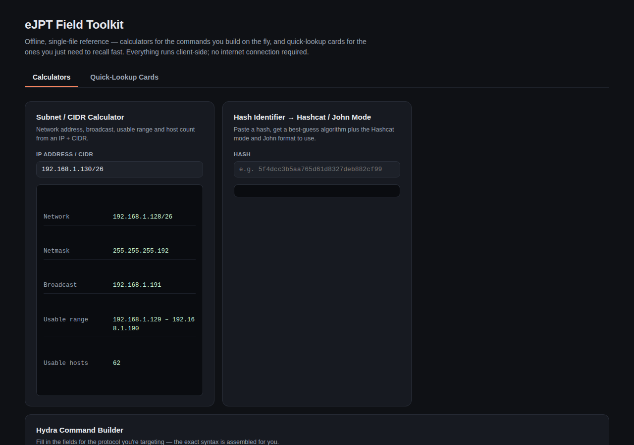 Field toolkit preview — calculators tab