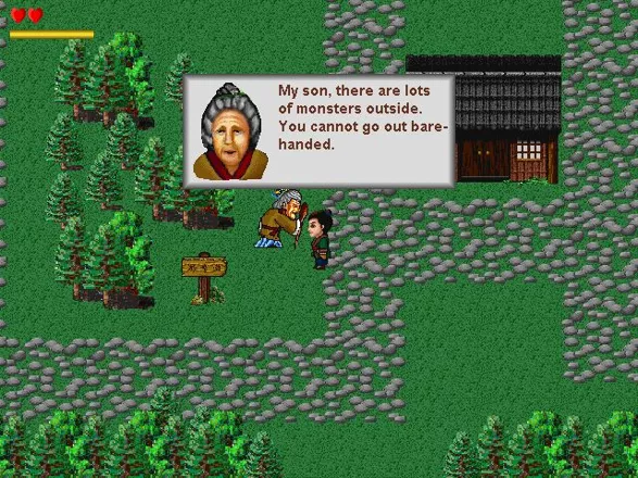 Overworld: LuWa talks to an NPC while the heart/breath HUD shows at the top-left