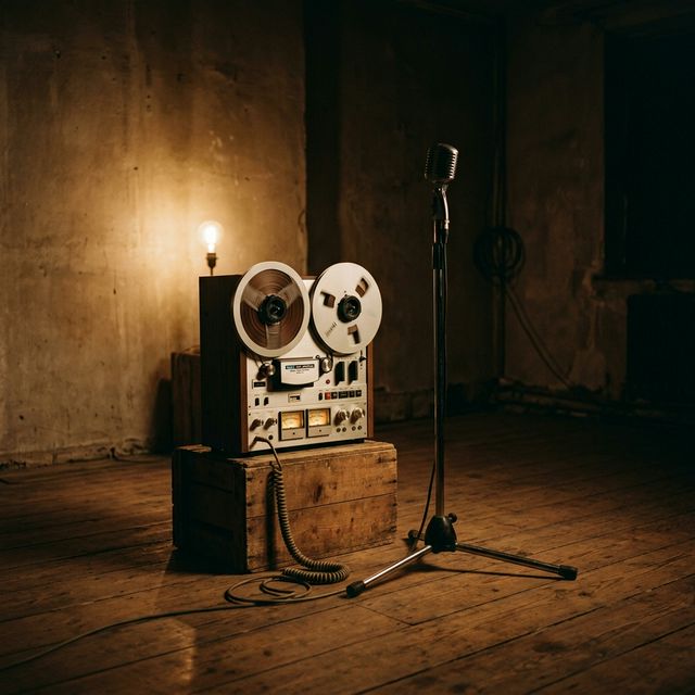 A sparse room with a reel-to-reel tape recorder and microphone — evoking Alvin Lucier's experimental setup