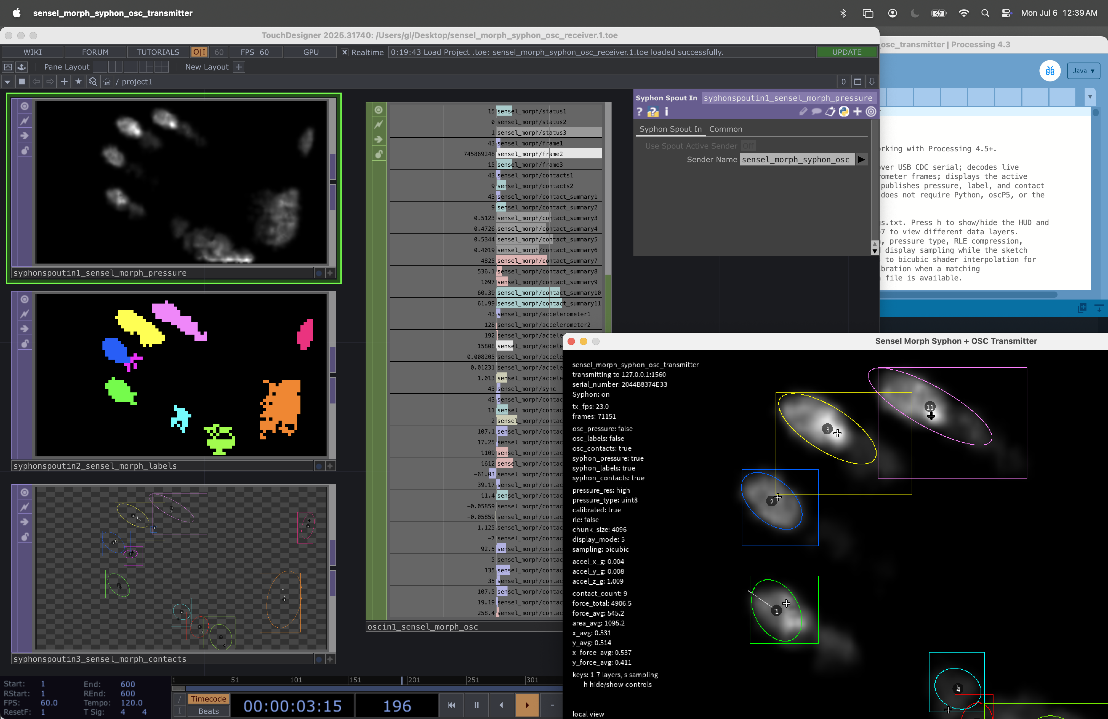 Processing(右侧)通过 Syphon 和 OSC 与 Touchdesigner(左侧)通信的屏幕截图