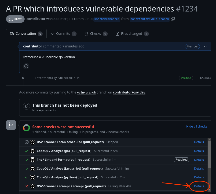 引入易受攻击依赖的 PR 以及 osv-scanner 阻止检查的截图