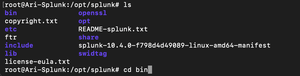 root@Ari-Splunkoptsplunk# 1s
