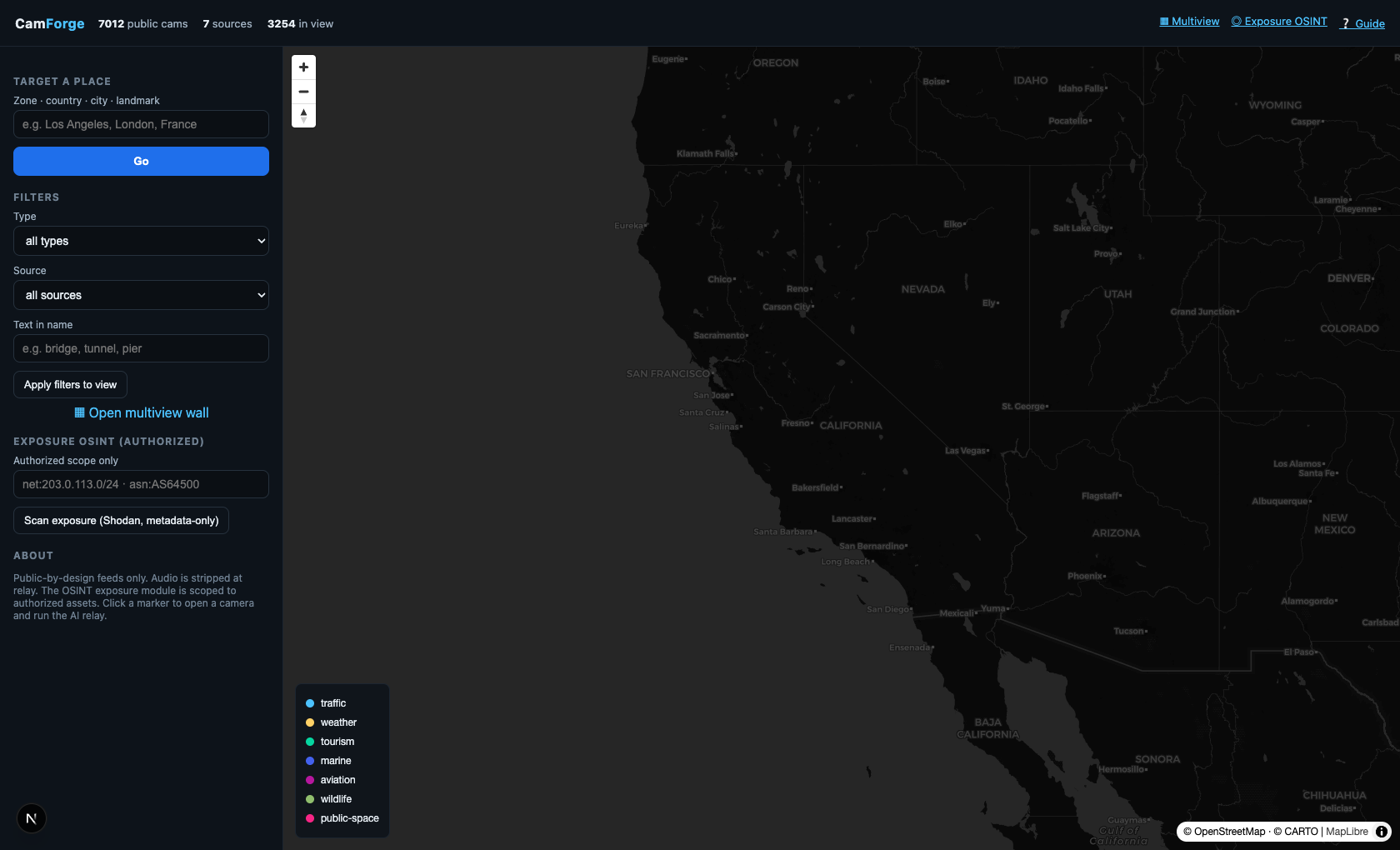 CamForge map -- global public cameras on a dark MapLibre map with geo search and filters