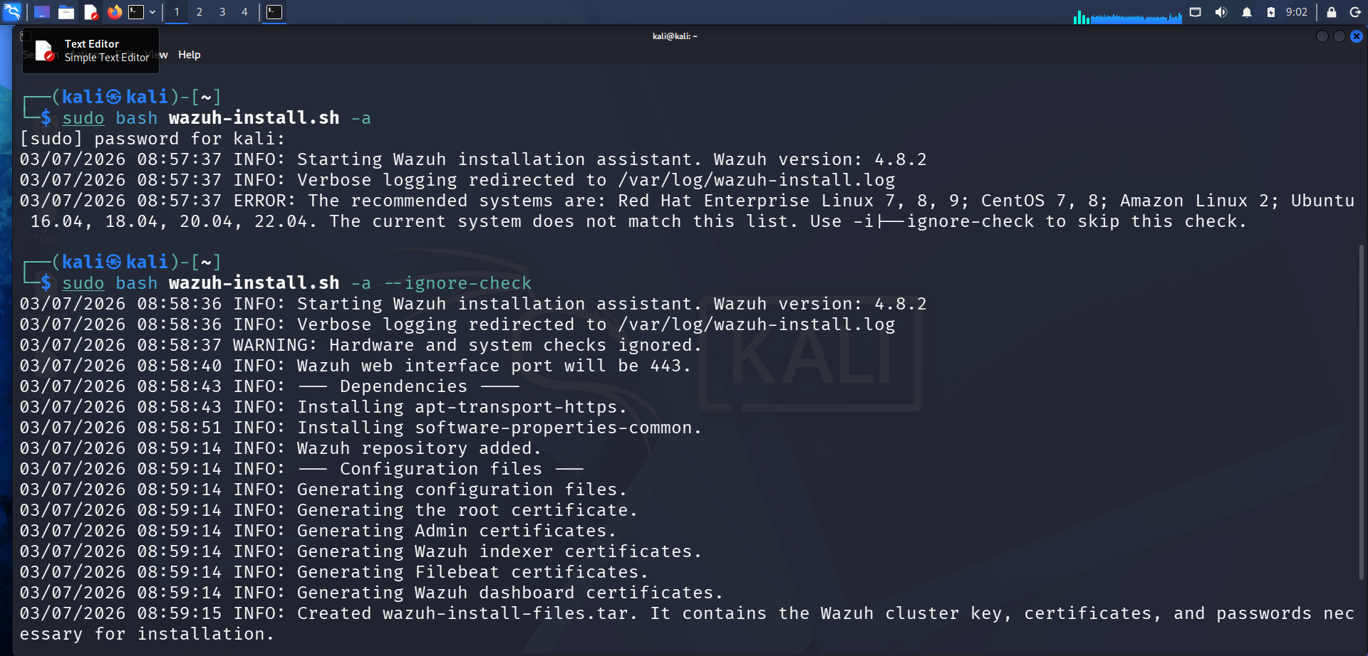 在 Kali 上运行手动 wazuh-install.sh