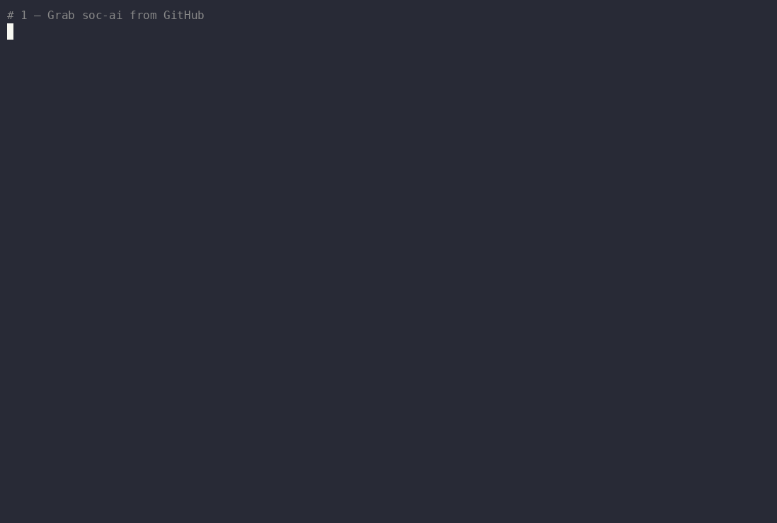 soc-ai install: git clone, guided ./setup.sh (SO + LiteLLM connection check, API-key + model pick, build), and the running banner with the URL and admin password