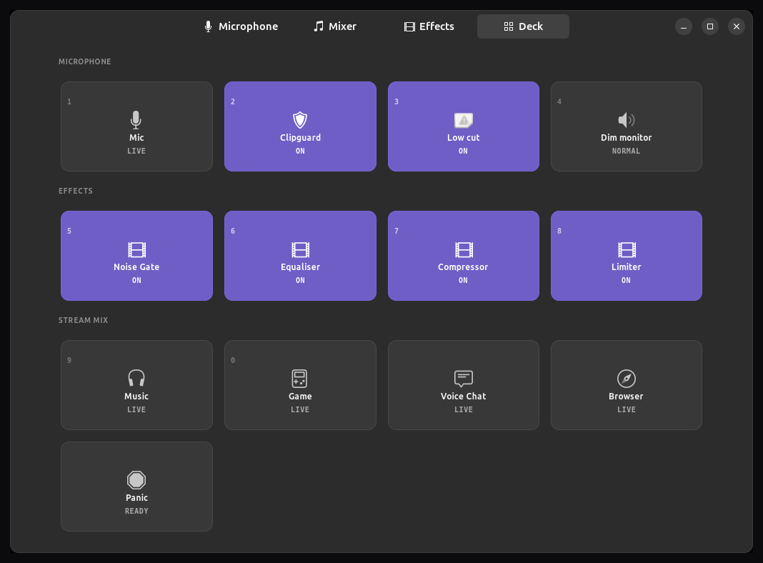 The deck: large quick-action tiles with number-key shortcuts