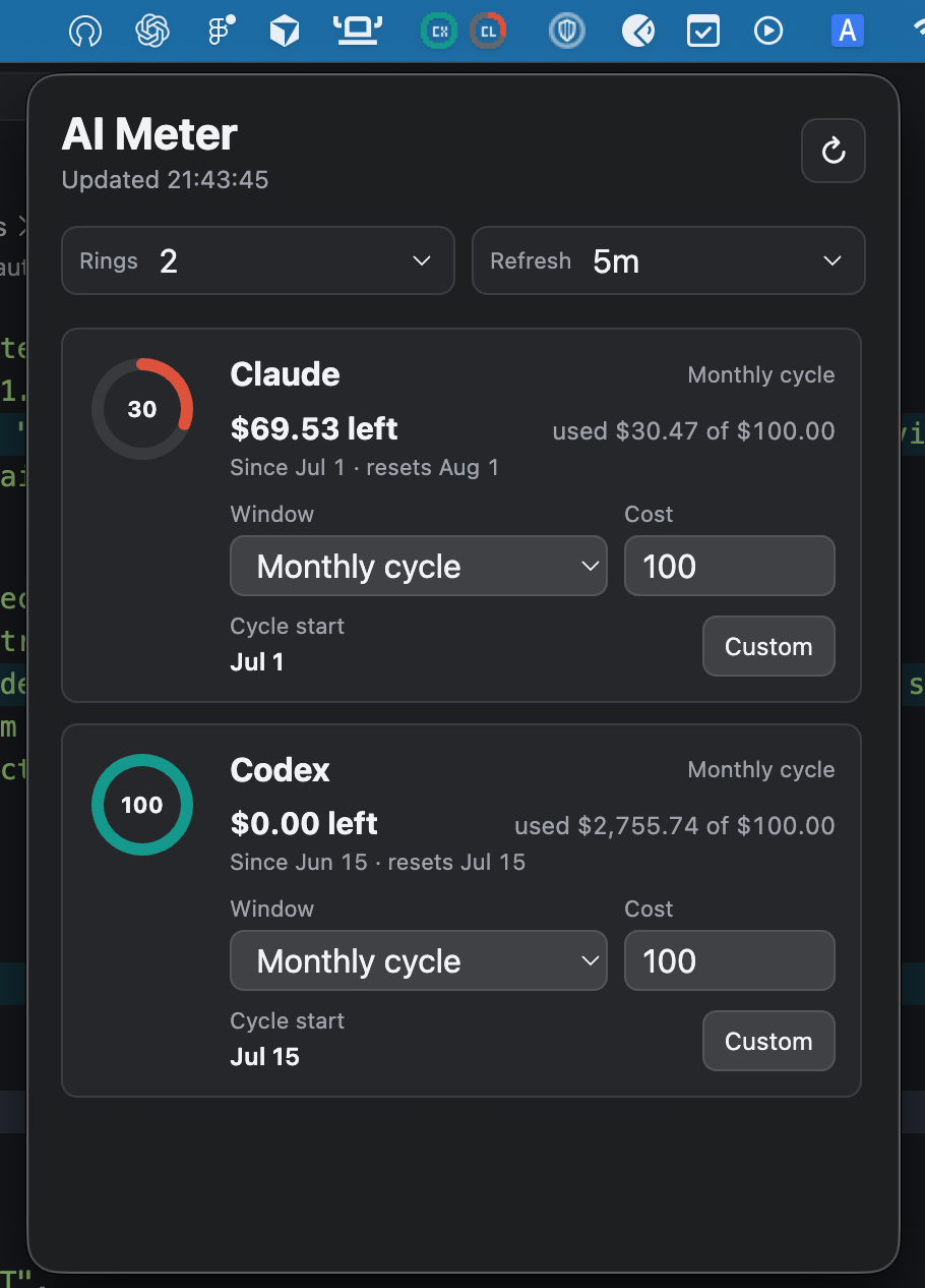 AI Meter dashboard showing Claude and Codex usage