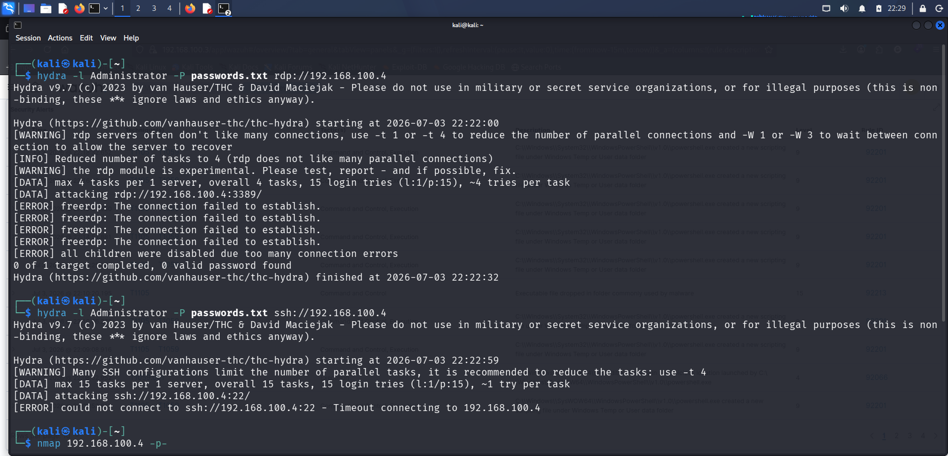 来自 Kali 的 Hydra 和 Nmap 攻击尝试