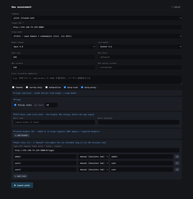 VERDICT WebUI — the New Assessment launch form (scope, model tiering, auth roles)