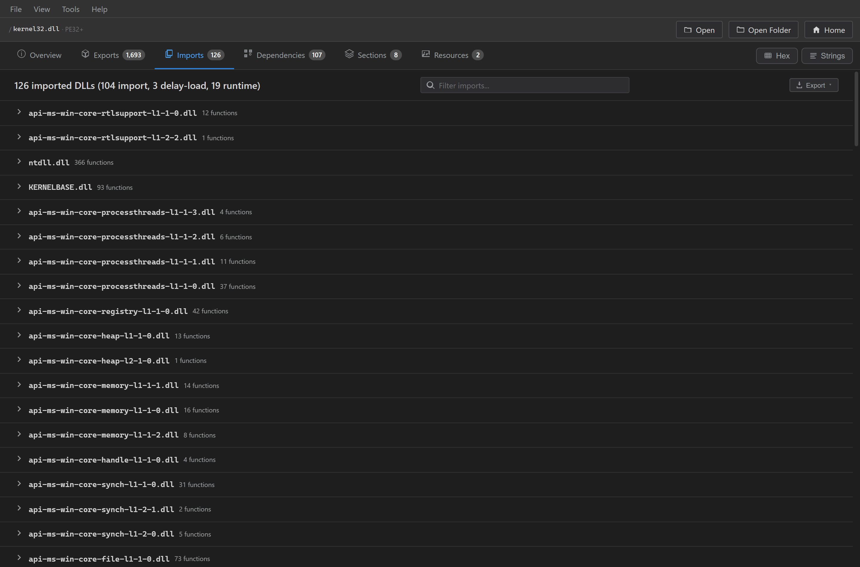 Binocular — kernel32.dll 导入,按源 DLL 分组并内联 Win32 API 原型